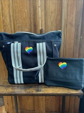 Lands' End Black Canvas Tote and Pouch with Rainbow Heart Patch
